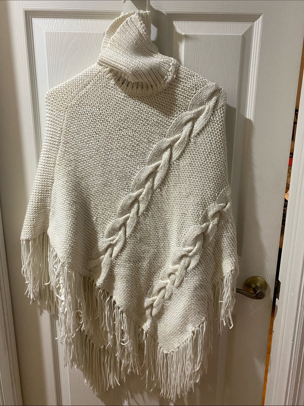 INC International Concepts Cream Cable-Knit Turtleneck Poncho with Fringe
